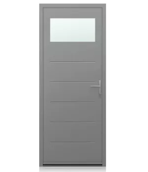 Porte grise moderne avec une grande vitre rectangulaire en haut, équipée d'une poignée métallique sur le côté droit.