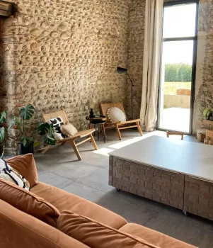 Salon confortable avec murs en pierre, canapé en velours, deux chaises en bois, lampadaire, plantes, et grande fenêtre donnant sur un jardin. Ambiance rustique et lumineuse.