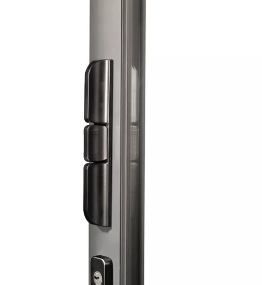 Une serrure noire en métal est fixée sur le champ d'une porte grise, montrant une conception moderne et robuste.