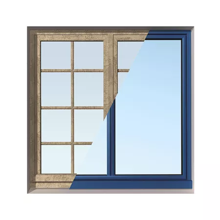 Fenêtre divisée en deux parties : à gauche, une ancienne vitre à petits carreaux, à droite, une vitre moderne avec cadre bleu, contrastant deux styles architecturaux.