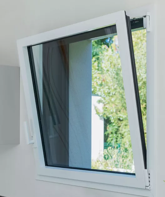 Fenêtre basculante blanche ouverte vers l'intérieur, encadrant une vue de jardin avec végétation dense et lumière naturelle.