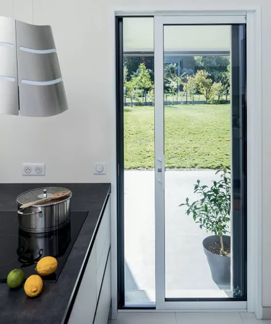Porte-fenêtre vitrée s'ouvrant sur un jardin verdoyant, avec une plante en pot à droite. Cuisine moderne avec casserole sur une plaque et des fruits sur le comptoir.