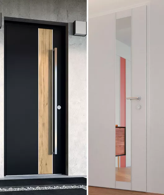 Deux portes modernes, l'une noire avec une bande boisée à l'extérieur d'une maison, l'autre blanche avec un miroir intégrée à l'intérieur d'une pièce.