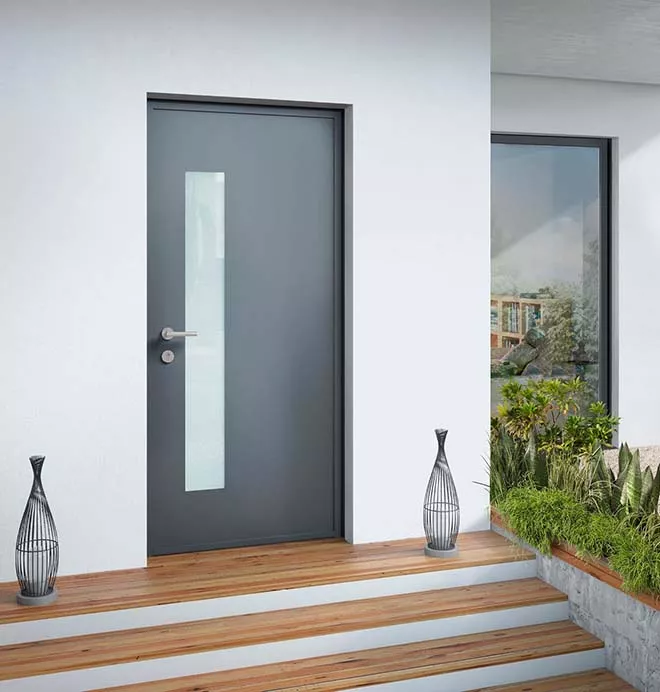 Porte d'entrée semi vitrée tourelle gamme emotion exterieur facade maison moderne